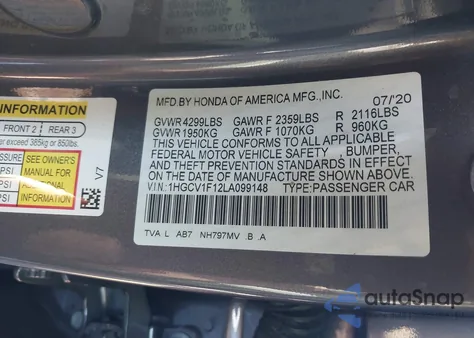 2020 Honda Accord Lx z USA, uszkodzony, nr VIN 1HGCV1F12LA099148